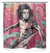 Surfing 5 07 Shower Curtain with vibrant beach and surfboard print for a stylish bathroom.